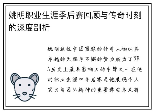 姚明职业生涯季后赛回顾与传奇时刻的深度剖析